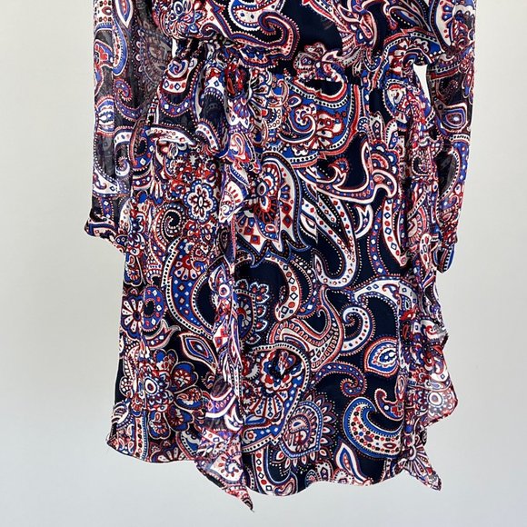 Shoshanna Silk Paisley Long Sleeve Ruffled Dress Red Blue Black size 4 - Picture 4 of 12